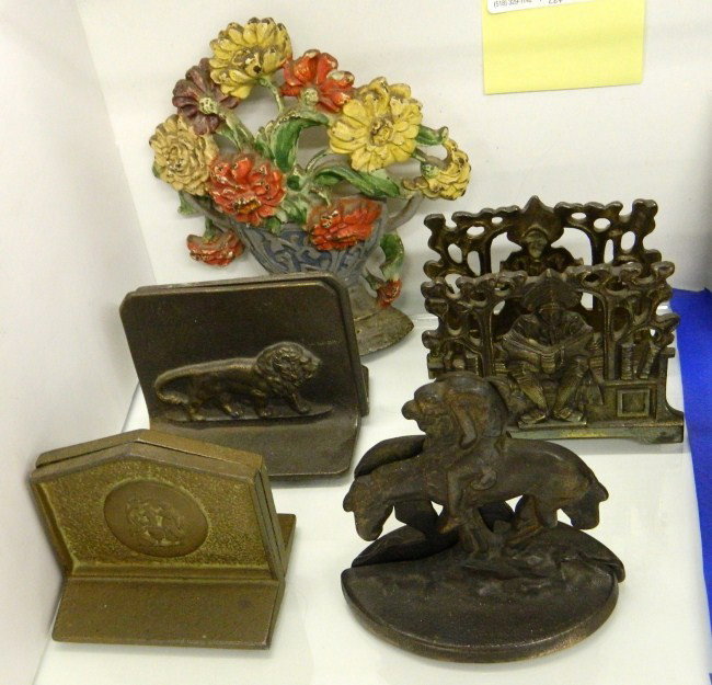 Bookends/Doorstop Lot: Lot four pair vintage bookends and early 7 1/2" Ht. flower basket doorstop.