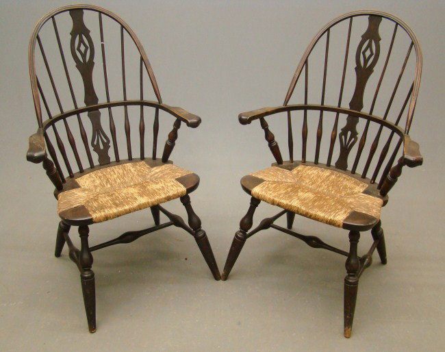 Pair Windsor's: Pair 1950's rush seat Windsor chairs. 41" Overall Ht. Each.