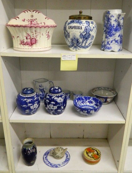 China Lot: Lot misc. china including ginger jars, French faience flower holder, "Amphora" tobacco jar etc.