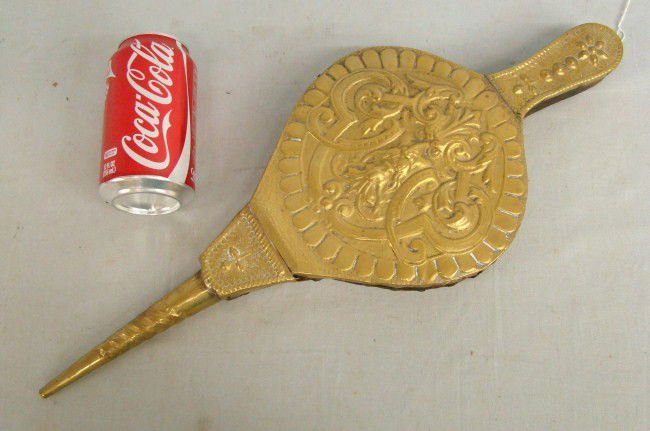 19th c. Brass Bellows: 19th c. brass Northwind God bellows. 19" Length.