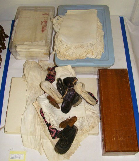 Textile Lot: Misc. vintage textile lot (and oak box). Also includes misc. 19th c. doll clothes including wonderful dress, boots and shoes.