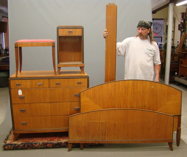 Deco Bedroom Set: Deco bedroom set including dresser, bed, side table and stool.