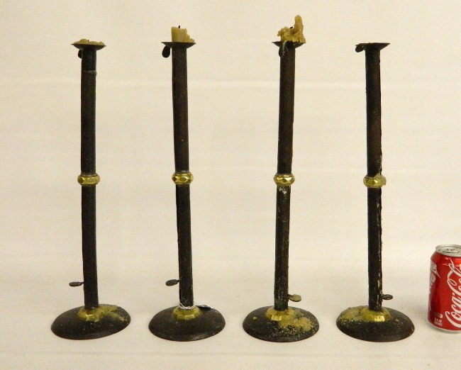 Hogscraper Candlesticks: Two Pair Hogscraper candlesticks. 17" Ht.