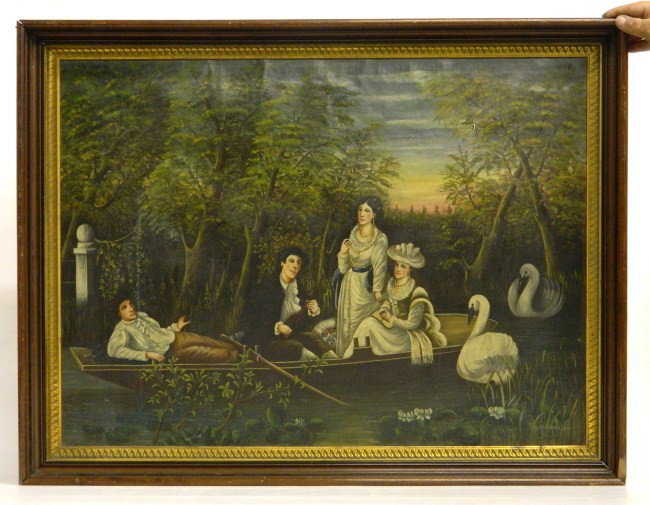 19th c. Painting Couples In Boat: 19th c. oil on canvas primitive romantic couples in boat. Site 35" x 26". Has tear in top right corner.