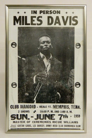 Miles Davis Poster: Framed Miles Davis poster "In Person Miles Davies, Club Diamond-Beale St., Memphis, Tenn., Sund-June 7th 1959". Site 13" x 21".