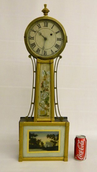 19th c. Banjo Clock: 19th c. banjo clock with reverse painting house. 32" Ht.