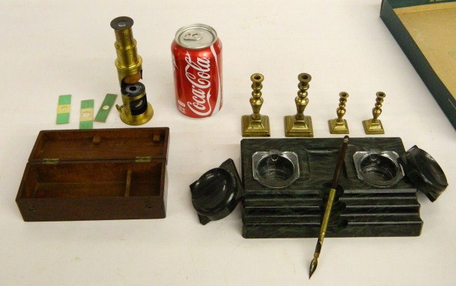 Misc. Lot: Misc. lot including dated 1915 inkstand, mini brass candlesticks and early microscope.
