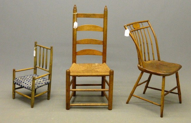 Early Chair Lot: Lot three early chairs including 18th c. child's armchair, early 19th c. ladderback and early 19th c. bent arrowback Windsor.