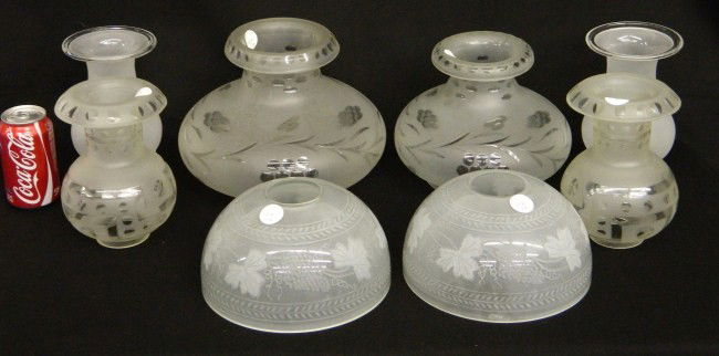 Argand Lamp Shades: Lot eight shades including pair Argand blown and frosted wheelcut, 7 1/2" Ht.; Pair Domical Sinumbra frosted and wheelcut, 8 5/16" diameter 4 3/8" Ht.; 19th c. Astral lamp shade frosted and wheelcut 5
