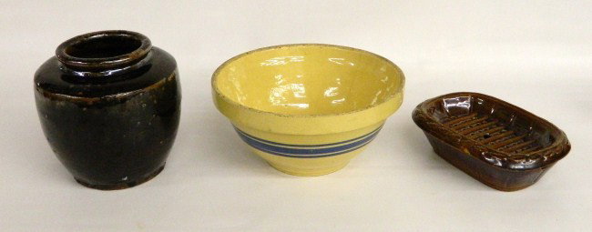 Pottery Lot: Lot including 19th c. yelloware bowl (has line), 19th c. Rockingham glaze soap dish and C. 1900 glazed jar.