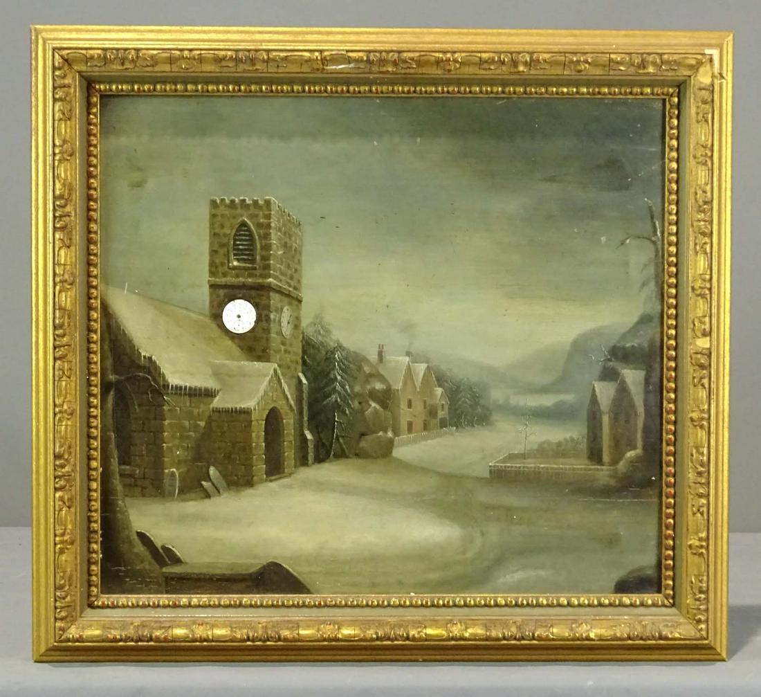 Painting, Building With Clock: Painting: 19th c. building with real clock face cut in. Oil on panel, reverse is portrait of a man. 18" x 20", overall 22" x 24 1/2".