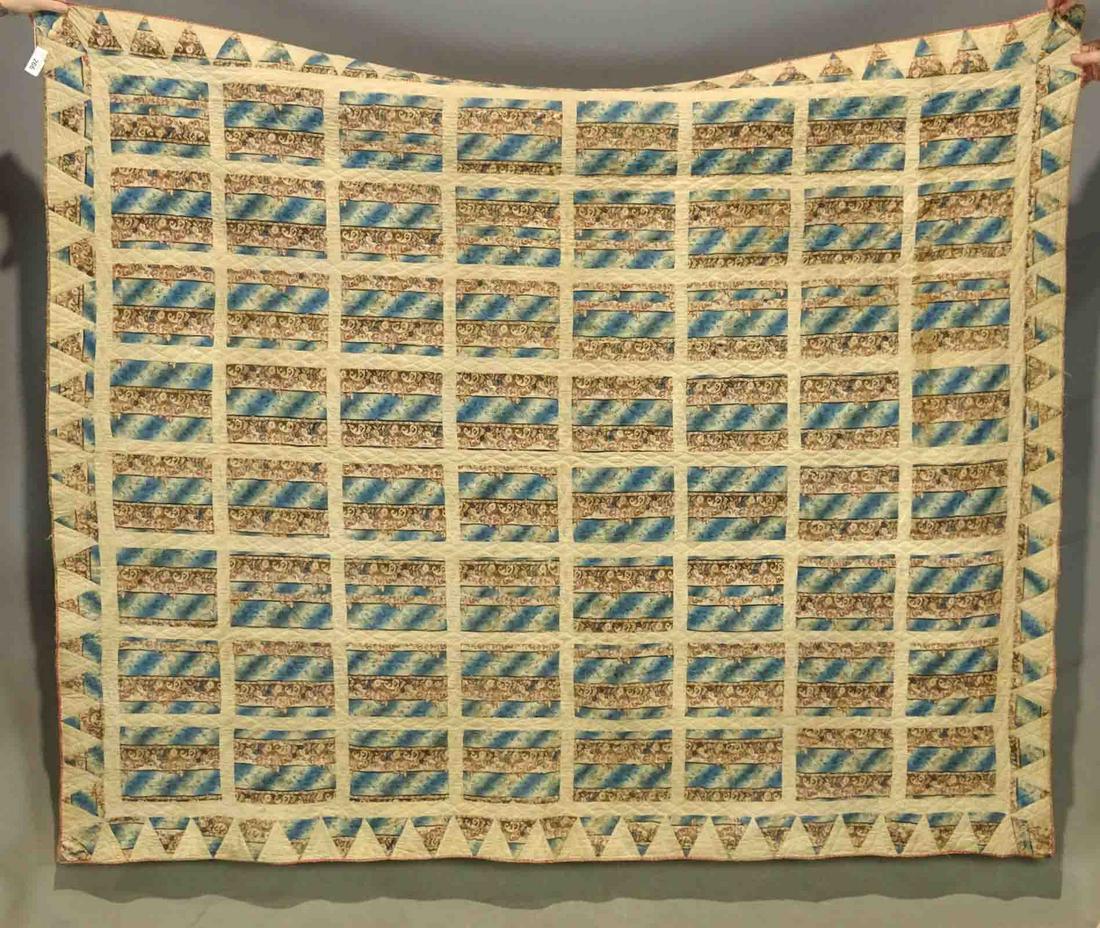 Quilt: C. 1840-50 quilt with Prussian Blue Ombre fabric, clamshell quilting and triangle border. 76" x 89".