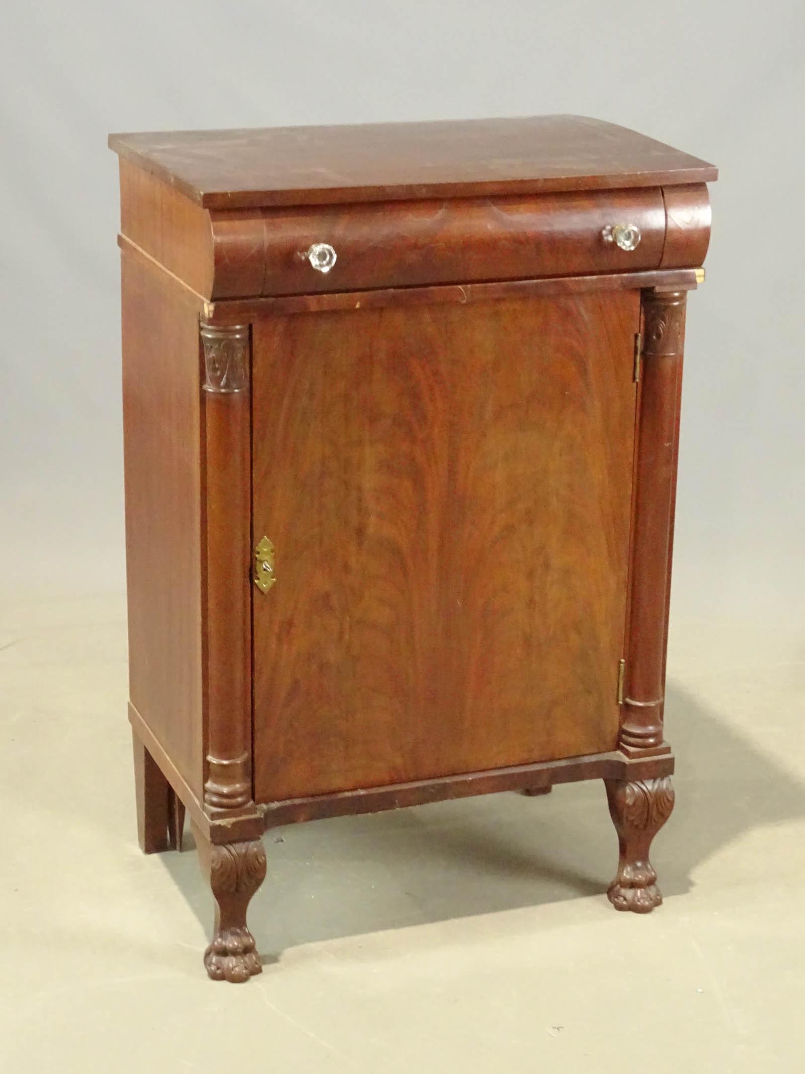 Empire Style Music Cabinet: Empire style music cabinet. Top loose. 26" W., 18" D., 42" Ht..