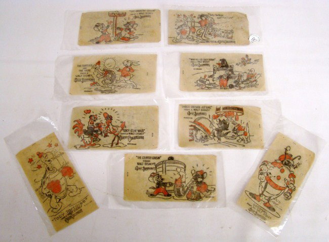 Early Disney Silly Symphony Iron Ons: Lot of 9 vintage Disney Silly Symphony iron irons. Dated 1938 includes "The Country Cousin" (2), "Toby Tortoise", "The Tortoise And The Hare", "Cock O' The Walk", "Three Orphan Kittens", "Who Killed C