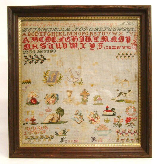 19th c. Sampler: 19th c. needlepoint sampler "Fransisha Buder 60" (1860). Sight 21 1/2" x 23".