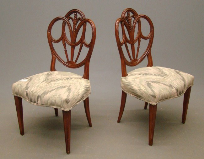 Pair Decorative Chairs: Pair decorative Hepplewhite style chairs. 18" Seat Ht. 36 1/2" Overall Ht.