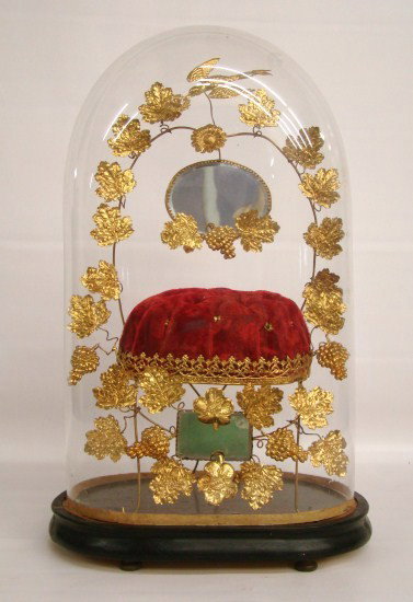 19th c. Victorian Whimsy: 19th c. Victorian whimsy under original dome. Possibly a pin cushion. 20 1/2" Ht.