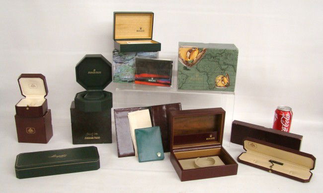 Watch Boxes: Collection of 6 NOS watch boxes including Patek Phillipe, Rolex, Breguet, Audemars Piguet.
