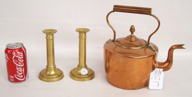 Metalware Lot: Lot including 19th c. copper tea kettle and pair 19th c. brass candlesticks.
