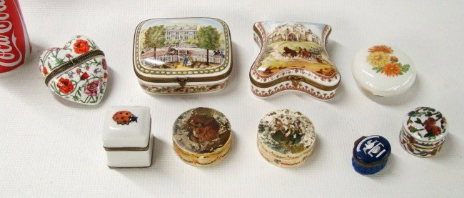 Misc. Porcelain Covered Boxes: Lot 9 misc. porcelain covered boxes (along with two early bakelite examples).