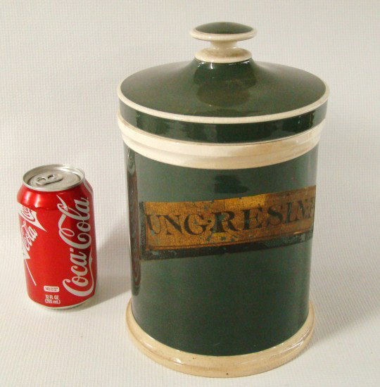 19th c. Apothecary Jar: 19th c. apothecary jar "Ungresin:E". 10 1/2" Ht., some damage.