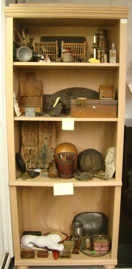 Misc. Lot: Large misc. lot over 50 pcs. including hat mold, document box, wall box, carvings, lantern, plane, fencing mask, heart in hand trivet etc.