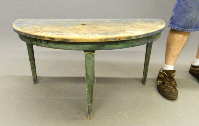 19th c. Demilune Table: 19th c. demilune table in original green paint.38" W 19" D 18 1/2" Ht.