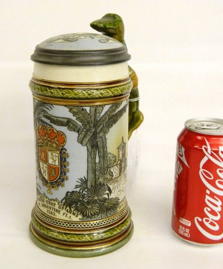 Mettlach Stein: Mettlach "Spanish Coat Of Arms St. Augustine FlA. 1565" stein. Marked 2373 underneath. 9" Ht.