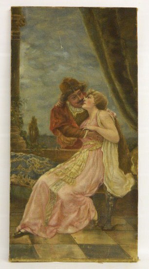 Painting Romantic Scene: C. 1920's oil on canvas romantic scence with man and woman. Site 36" x 18". Has damage.