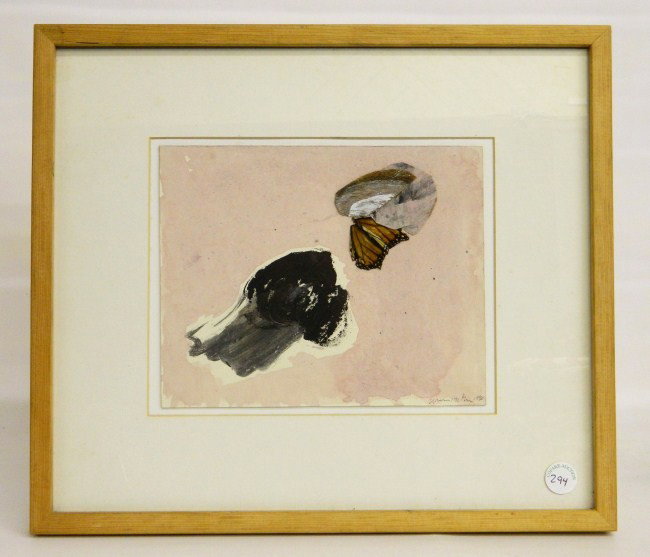 William McGee Mixed Media Painting: Mixed media painting titled "Monarch" dated 1990. William Douglas McGee (New York 1925-1999). Site 8 1/2" x 10 1/2".