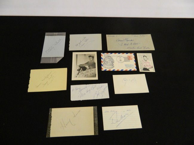Autograph Collection: Collection of various autographs some names to include Karen Morrow, John Mills, J.H. Judith, Orson Wells, Rudy Vallee, Henry James, George Brent, Ben Gazzara, Betty Grable, Shelley Winters and Gertru
