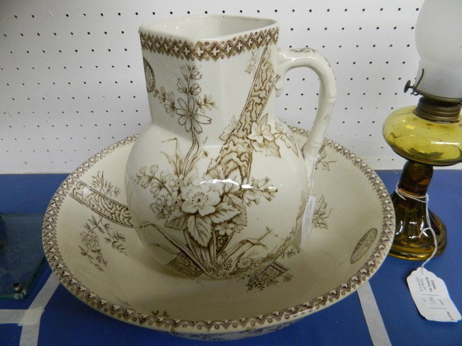 Pitcher Lot: Lot including oil lamp, 19th c. ironstone pitcher and bowl (lines).