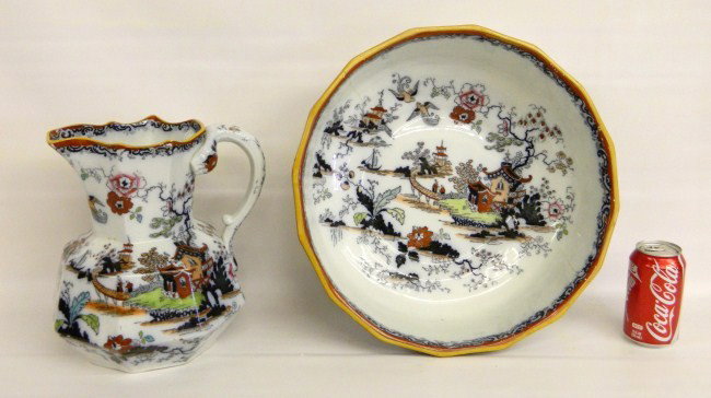 19th c. Pitcher And Bowl: 19th c. ironstone pitcher and bowl. Damaged.