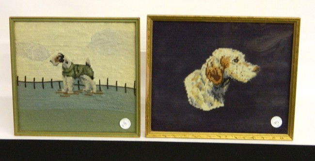 Needlework Pictures: Lot 2 vintage needlework dog pictures. 10 1/4" x 12 1/2" and 10 1/4" x 10 3/4".