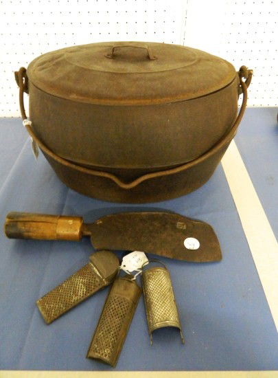 Metalware Lot: Lot including 3 tin nutmeg graters, fish kettle signed "Marietta Pa" and 18th c. handled knife signed "J.C.".