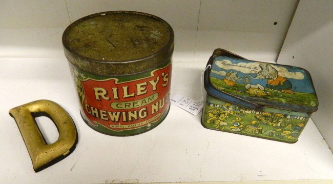 Lot: Lot including early letter "D", 5" Ht., "Rileys Cream" tin and "United Happiness Candy Stores" tin.