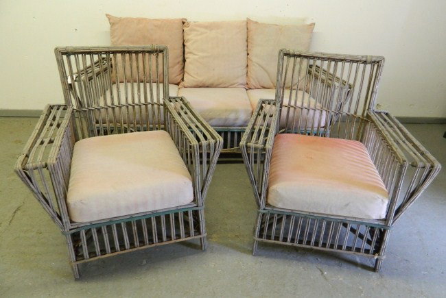 Rattan Set: Rattan 3 pc. set including settee and 2 chairs. Settee 5' 9" Length.