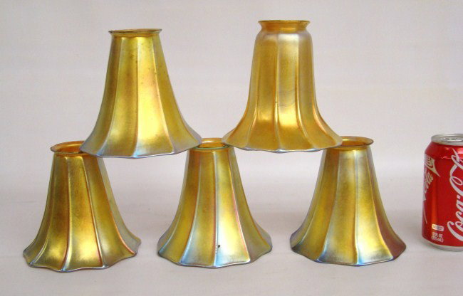 Art Glass Shades: Lot 5 early art glass shades. One signed "Quezel". Imperfections. Shades 5 1/2" Ht.