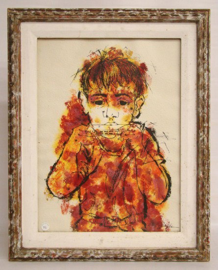 Painting Signed Neel Davis: Painting watercolor of boy playing harmonica signed "Neel Davis". Site 23 1/2" x 17 1/4".