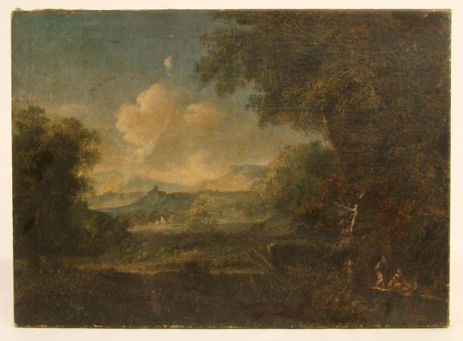 18th c. Painting Continental School: 18th c. oil on canvas Continental School landscape with castle in background. Unframed. site 17" x 23 1/2".