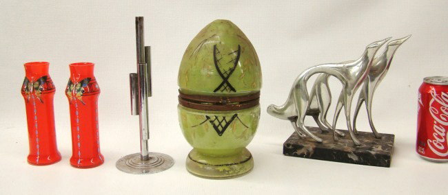 Misc. Lot: Misc. lot including apertif set in hand painted egg, pair butterfly painted vases (chipped), whippet sculpture and deco chrome vase.