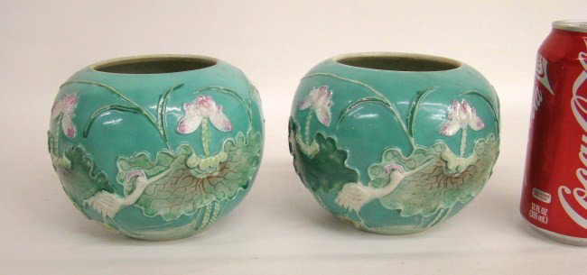 Majolica Bowls: Pair Majolica rose bowls. 4" Diameter 4" Ht.