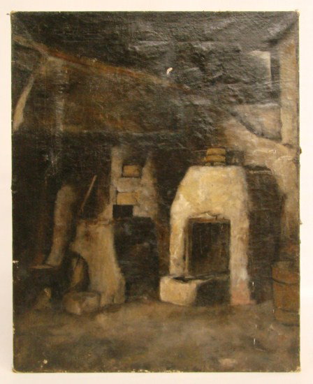 Painting Continental School: Early Continental School interior scence. Unframed. 24" x 19". Some damage.