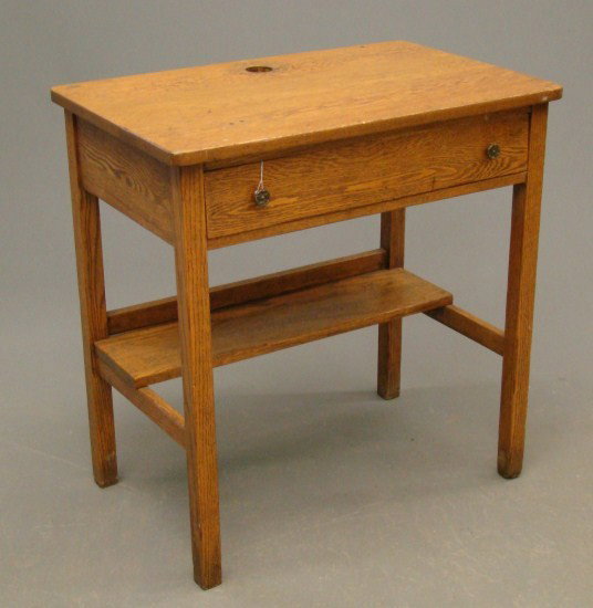 School Desk: C. 1910-20 oak school desk. Top 29" x 18 1/2", 30" Ht.