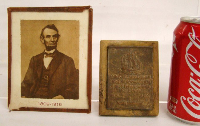 Lot: Lot including printing block "Anniversary Dinner Saint Nicholas Society Of The City Of New York Dec 6 1909" and Lincoln print, back reads "Thirtieth Lincoln Dinner Of The Republican Club Of The City O