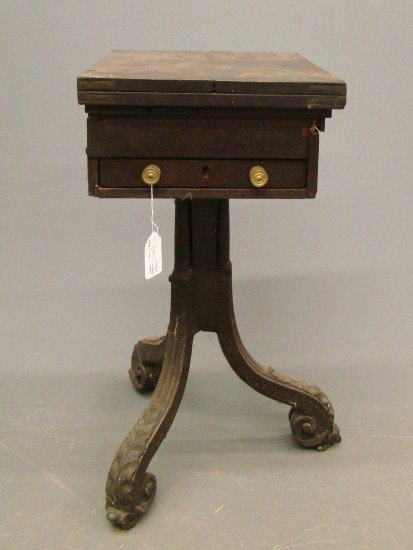 19th c. Sewing Table: Rare form 19th c. sewing table with acanthus carved base with 3 small columns surrounding center column. As found condition.