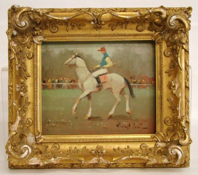 Painting Continental School: Continental School oil on masonite polo player signed illegibly. Site 7 1/2" x 9".