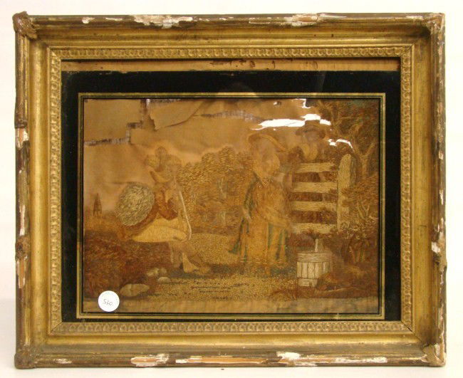 19th c. Needlework: 19th c. pastoral needlework. As found.