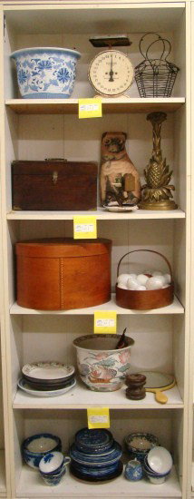 Misc. Lot: Misc. lot including early document box, milk glass eggs, wire egg holder, Shaker style basket and box, Asian bowls, vintage scale etc.