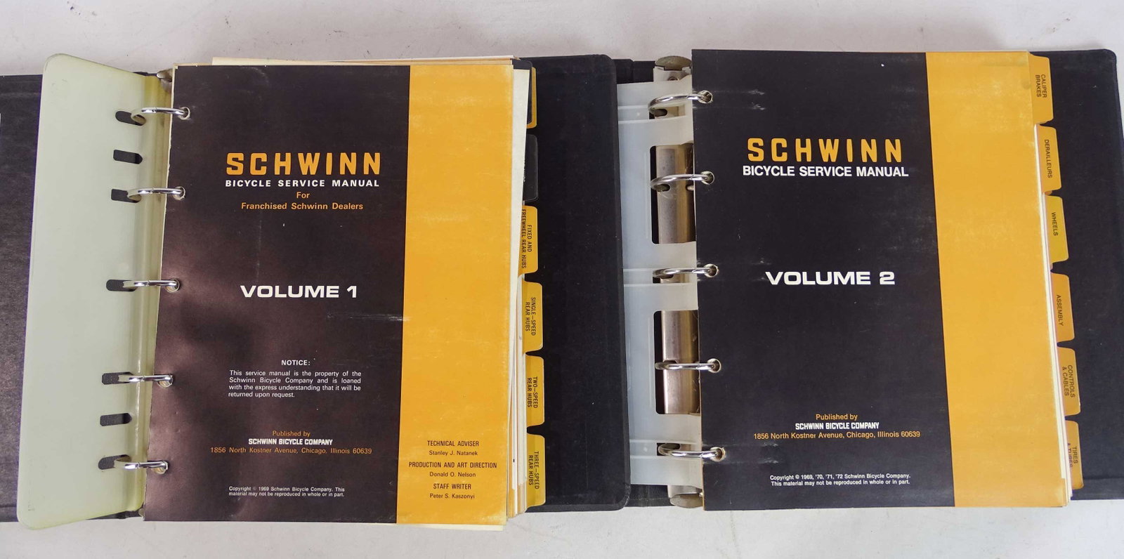 1969 Schwinn Dealers Binders: 1969 Schwinn Dealer Service manual binders. Complete (2) volume set includes full line of: Stingrays, racing bicycles, Campagnolo equipped models.